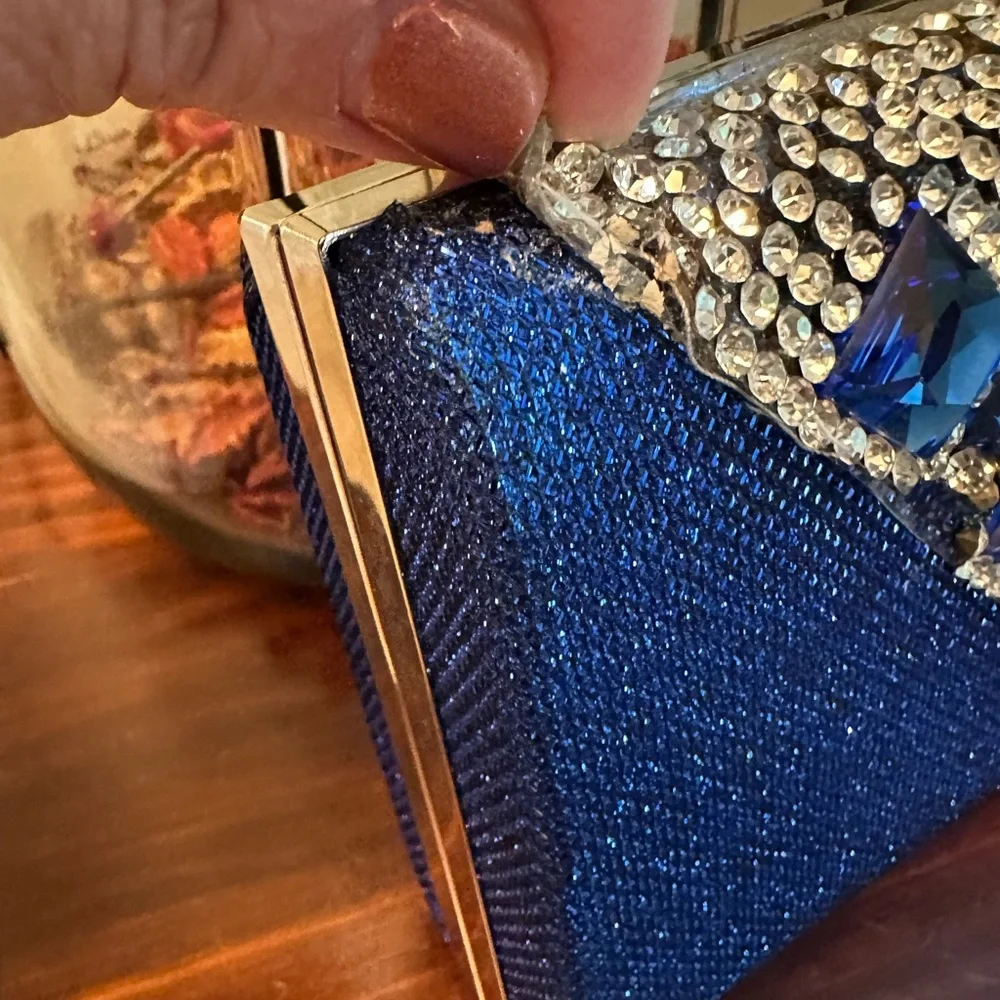 Elegant Blue Clutch with Rhinestone Accents and Chain Shoulder Strap DAMAGED